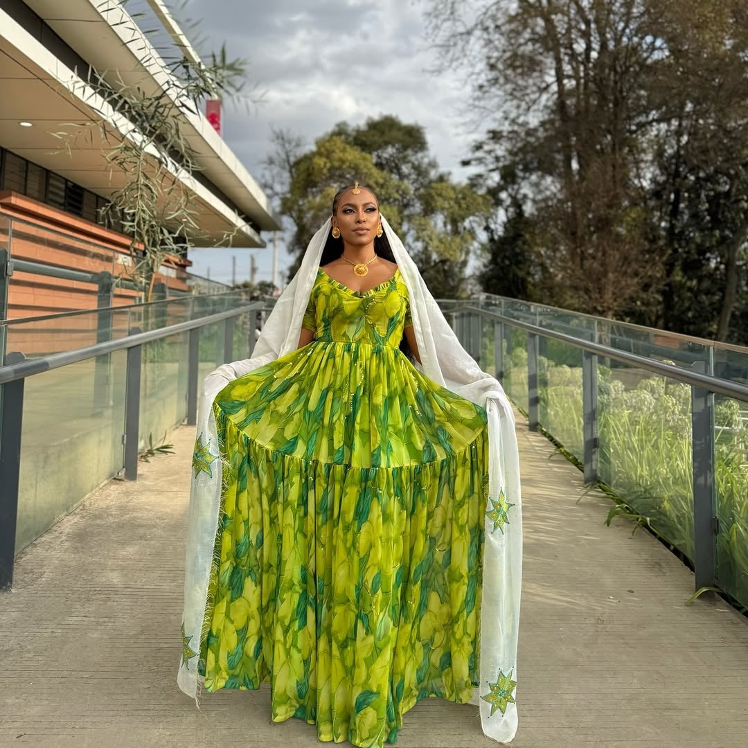 Green Habesha Shiffion – Flowing Traditional Ethiopian Dress with Intricate netela Tilf Accents