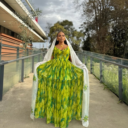 Green Habesha Shiffion – Flowing Traditional Ethiopian Dress with Intricate netela Tilf Accents