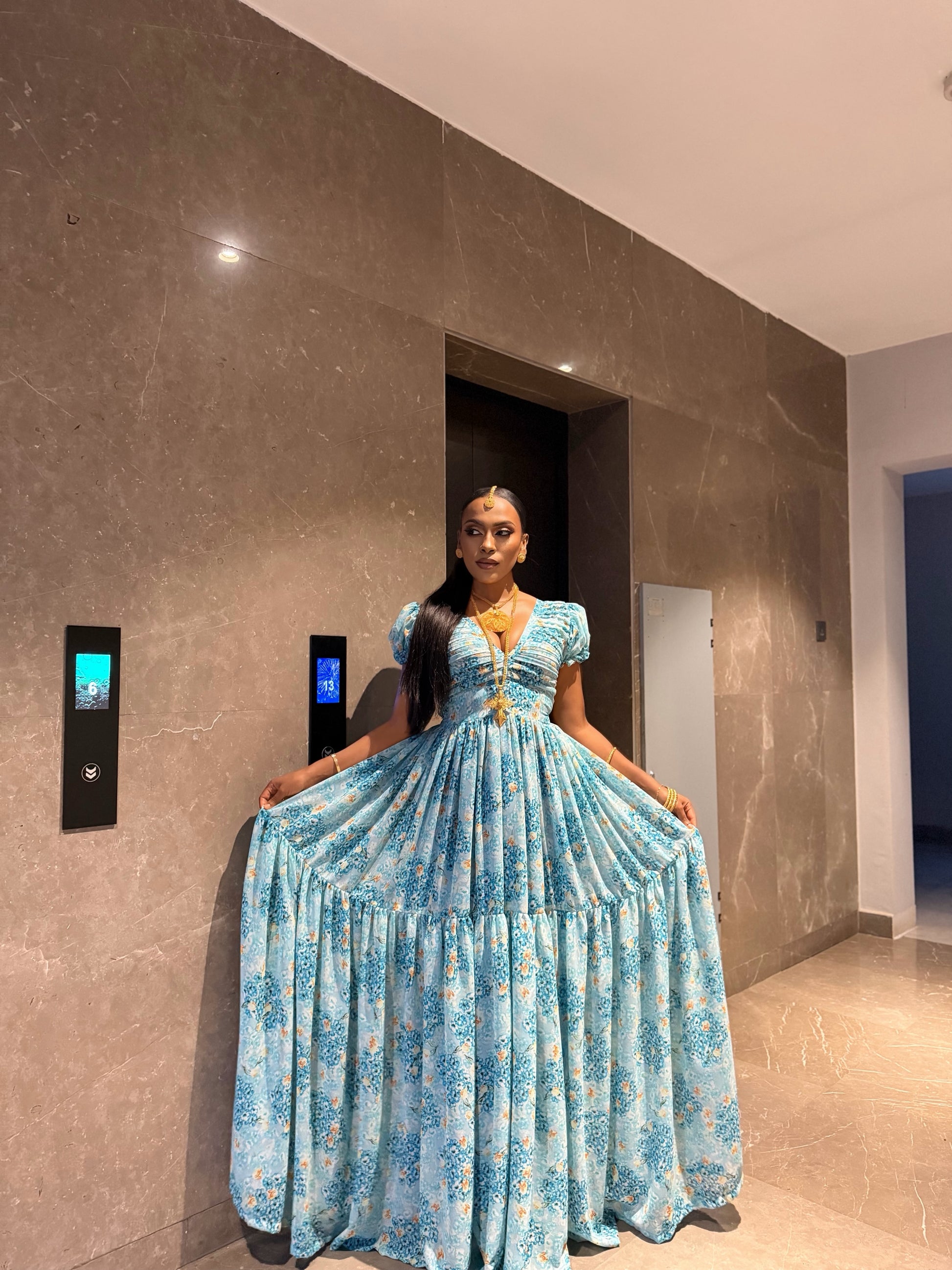 Blue Habesha Chiffon Dress Soft Wrap Style for Women
