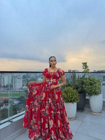 Red Habesha Chiffon Dress Fine Geometric Tibeb Embroidery for Graduation