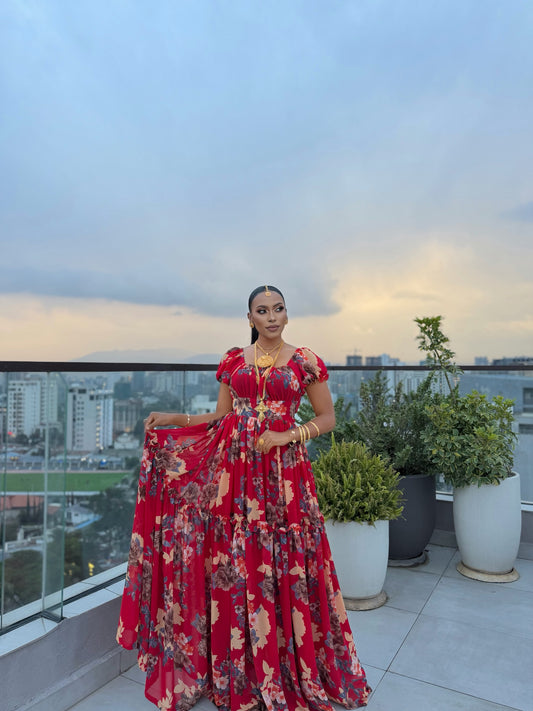 Red Habesha Chiffon Dress Fine Geometric Tibeb Embroidery for Graduation