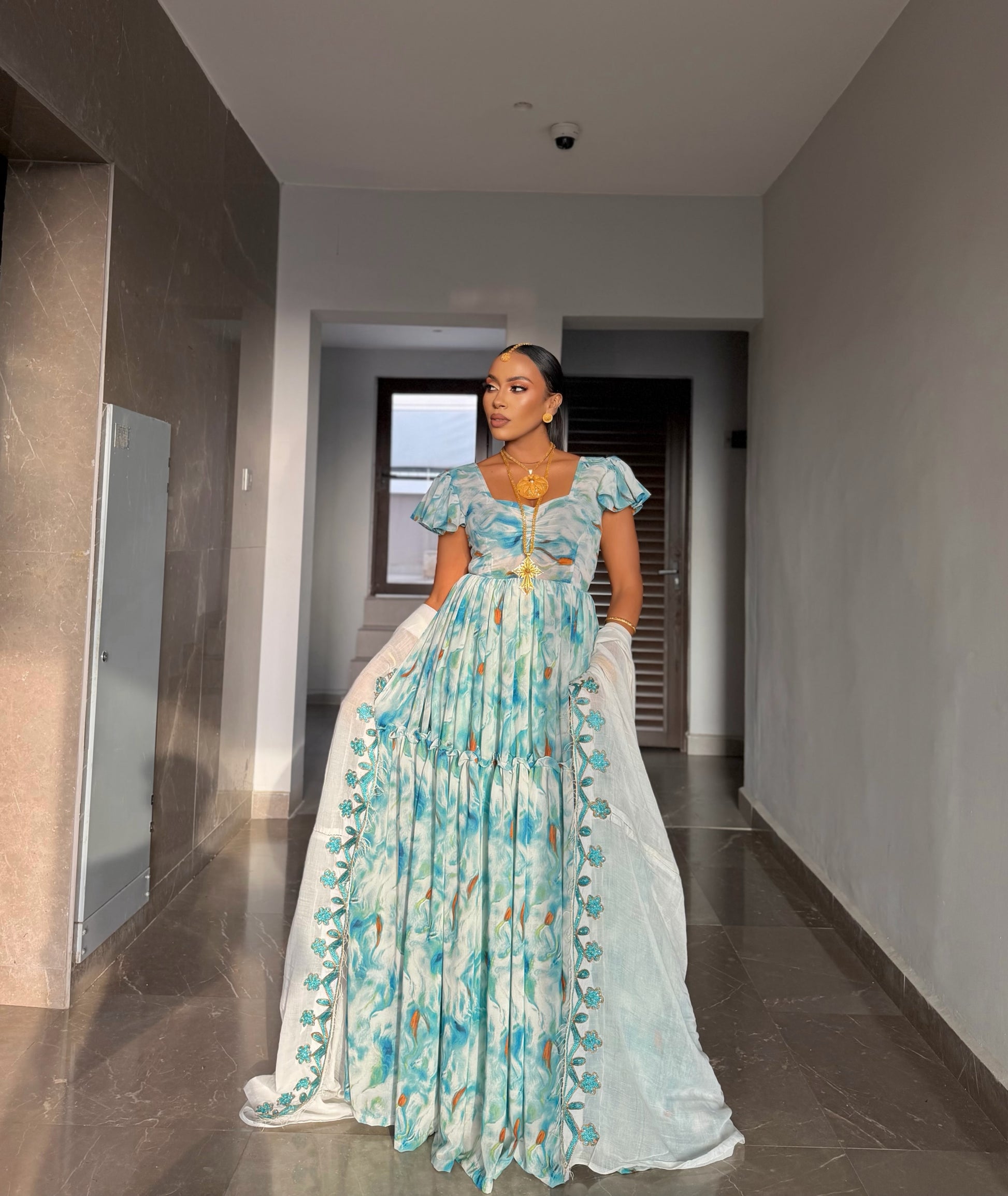 Blue Habesha Dress Premium Chiffon Floor Length Gold Tibeb for Brides 2XL / Floral