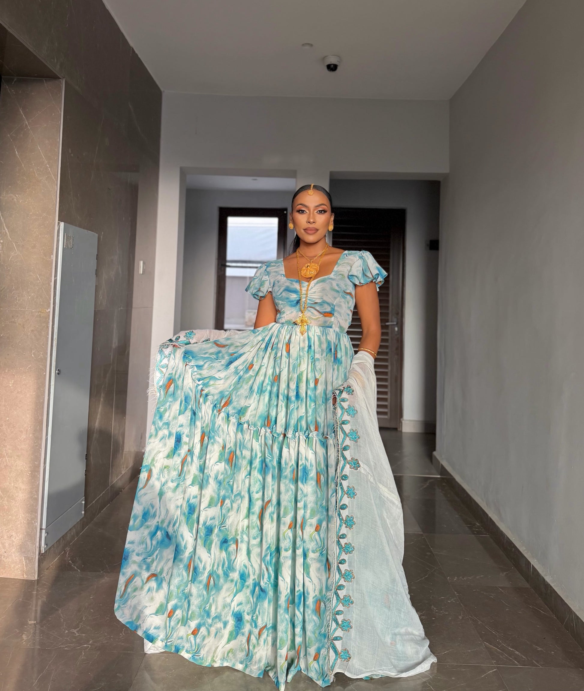 Blue Habesha Dress Premium Chiffon Floor Length Gold Tibeb for Brides 2XL / Floral