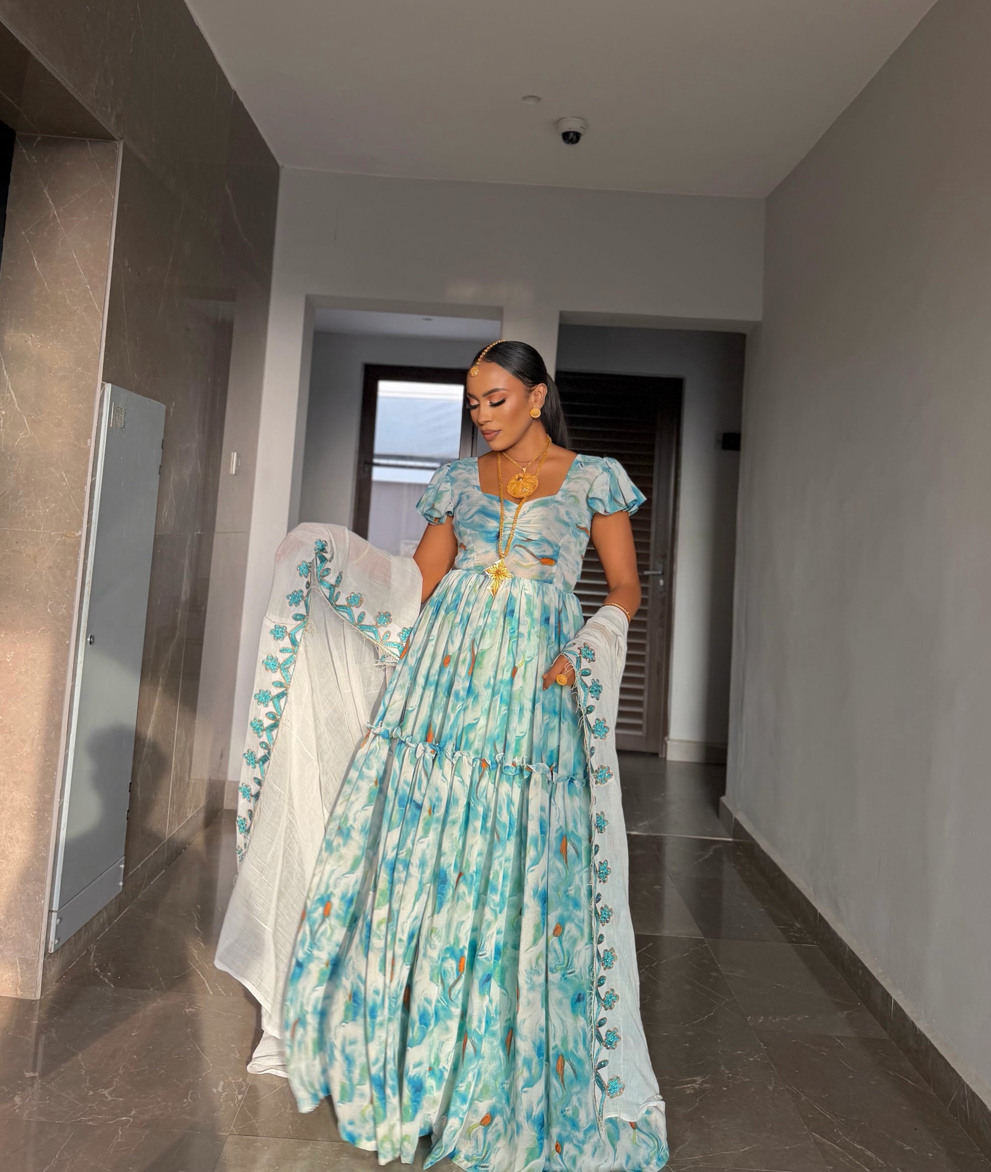 Blue Habesha Dress Premium Chiffon Floor Length Gold Tibeb for Brides