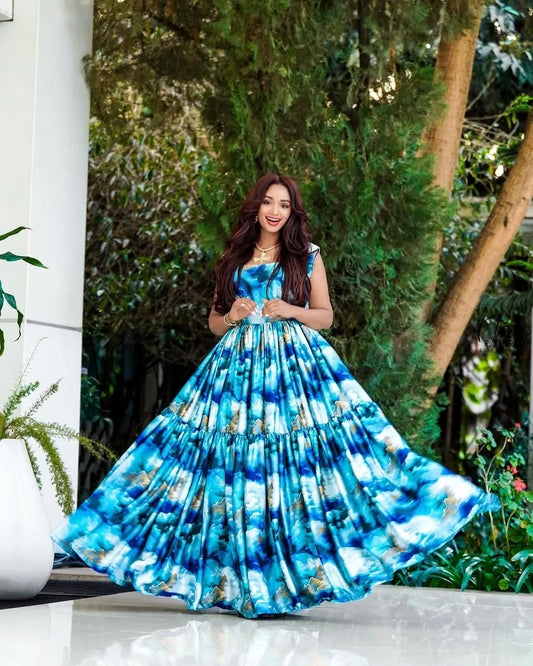 Blue Shiffon Dress – Beautiful Cloud Style Habesha Libs – Elegant Ethiopian Traditional Dress for Parties, and Holiday Celebrations