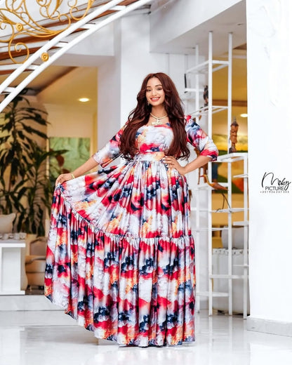 Red Habesha Chiffon – Flowing Ethiopian Chiffon Dress for Weddings, Cultural Celebrations, and Elegant Events