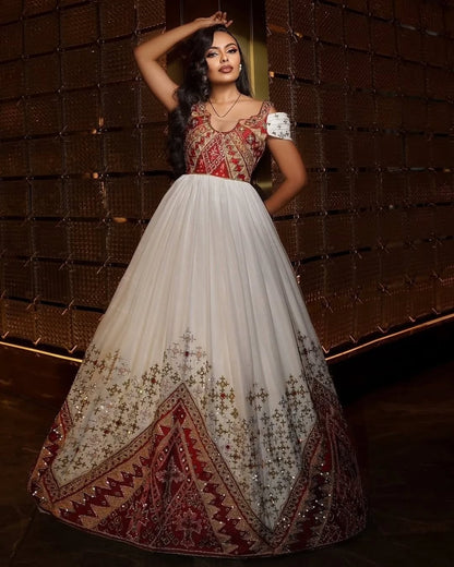Elegant Red Ethiopian Wedding Dress – Traditional Habesha Kemis with Rich Embroidery for Bridal and Melse Celebrations