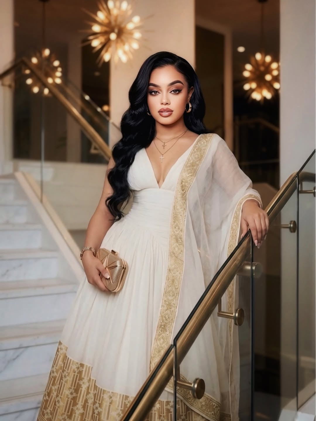 Lilac Habesha dress with gold and purple geometric embroidery and matching shawl