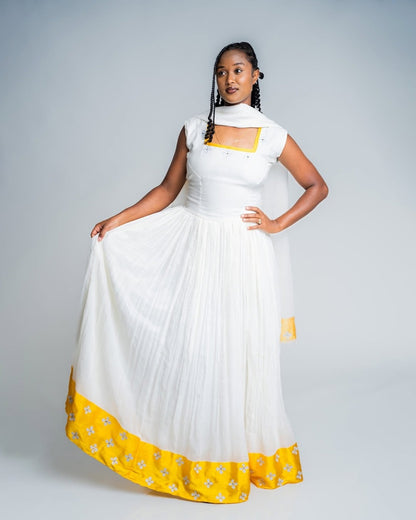 Yellow Habesha Dress | Elegant Handmade Cotton Traditional Dresses