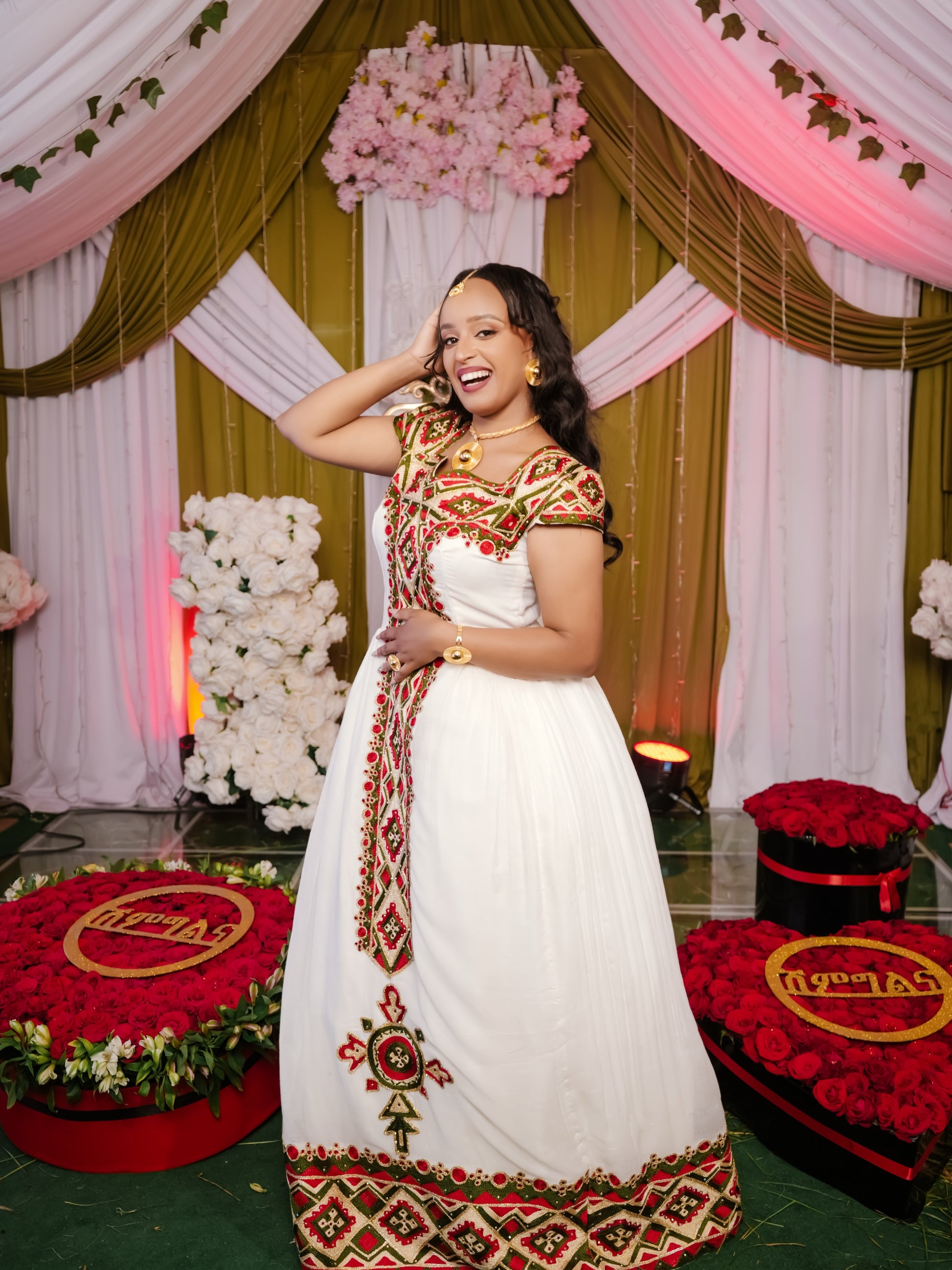 Red Ethiopian Dress Cotton Eritrean Embroidery for Weddings