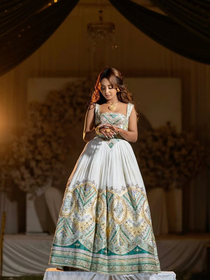 Green Habesha Wedding Kemis – Modern Ethiopian Dress with Hand-Embroidered Tilf for Mels and Formal Celebrations