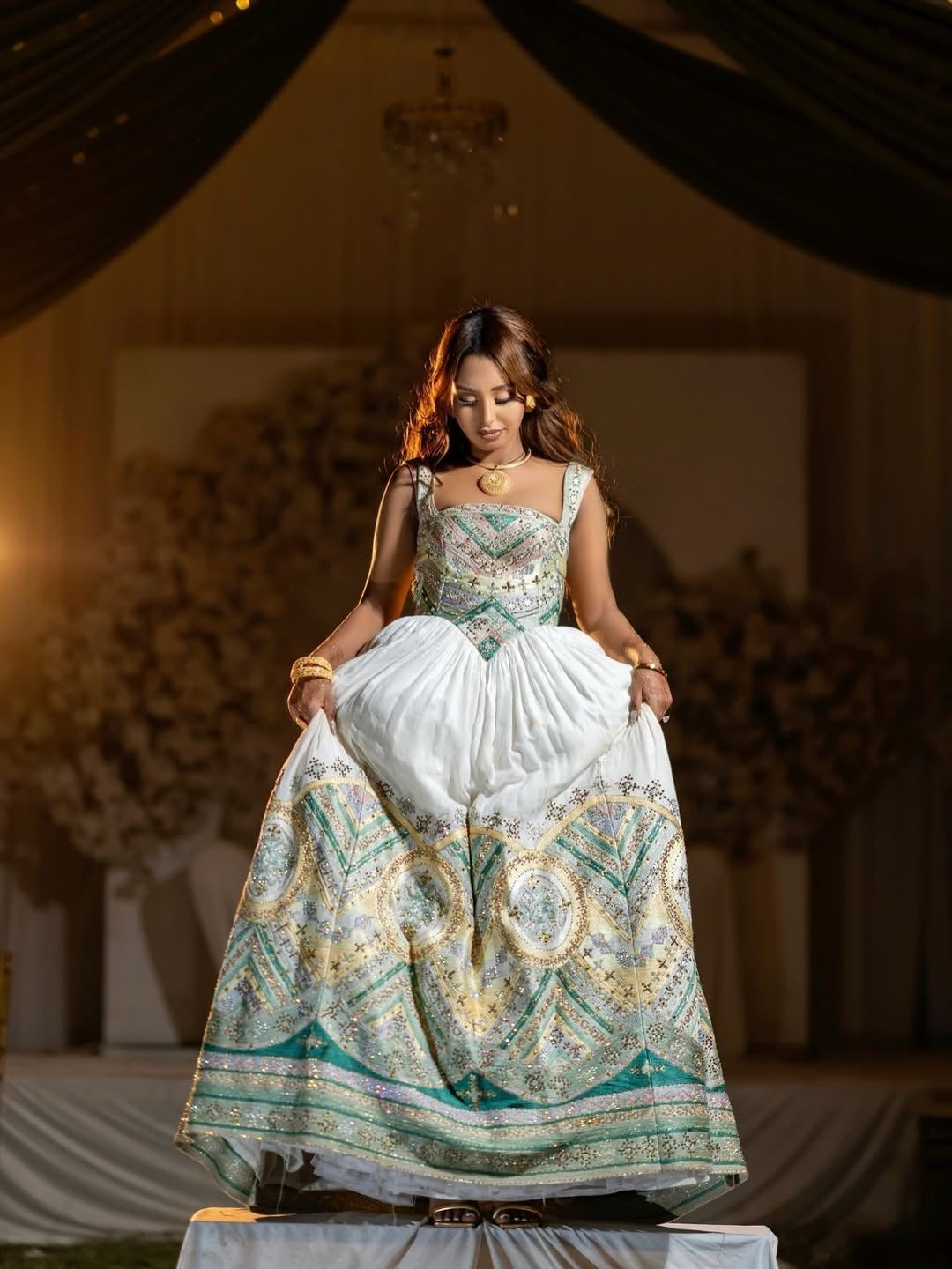 Green Habesha Wedding Kemis – Modern Ethiopian Dress with Hand-Embroidered Tilf for Mels and Formal Celebrations