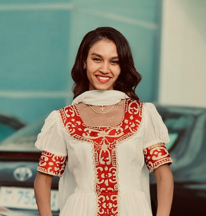 Red Habesha Kemis – Classic White Ethiopian Dress with Bold Red Embroidery for Weddings & Parties