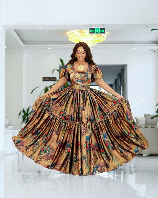 Brown Habesha Chiffon Dress – Elegant Flowing Ethiopian Outfit for Weddings, Cultural Events, and Special Occasions