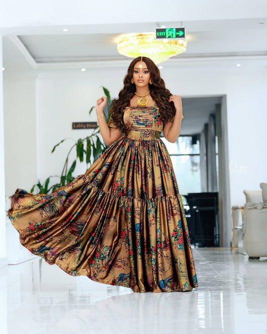 Brown Habesha Chiffon Dress – Elegant Flowing Ethiopian Outfit for Weddings, Cultural Events, and Special Occasions