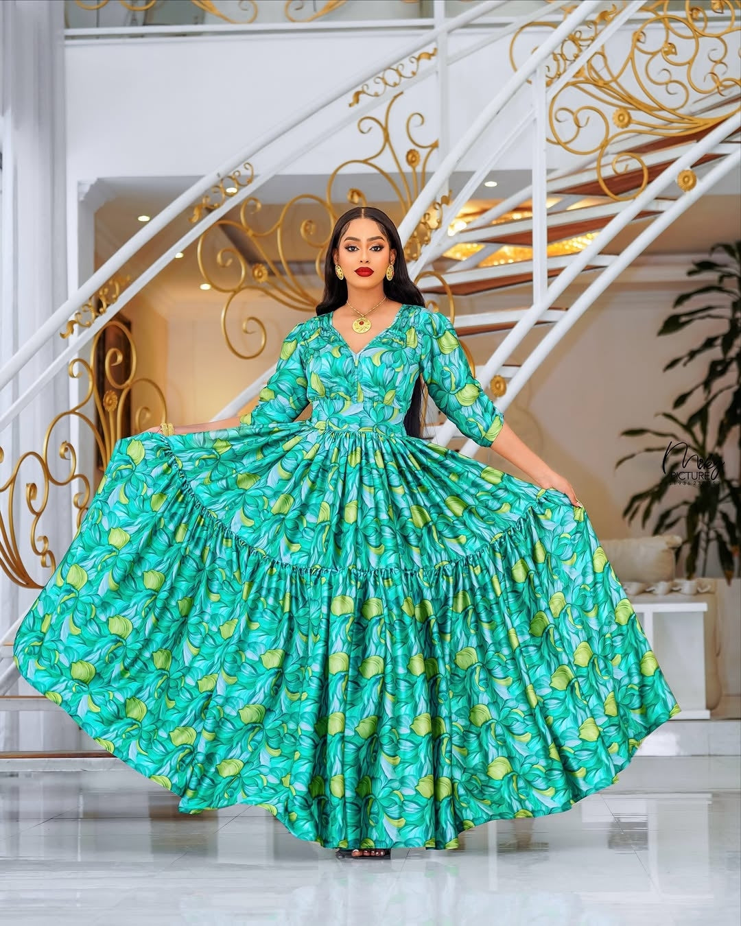 Lightweight Green Habesha Chiffon Dress – Flowing Ethiopian Outfit for