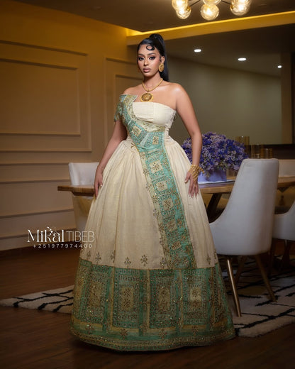 Green Habesha Wedding Dress – Elegant Ethiopian Bridal Outfit for Ceremonies and Special Celebrations