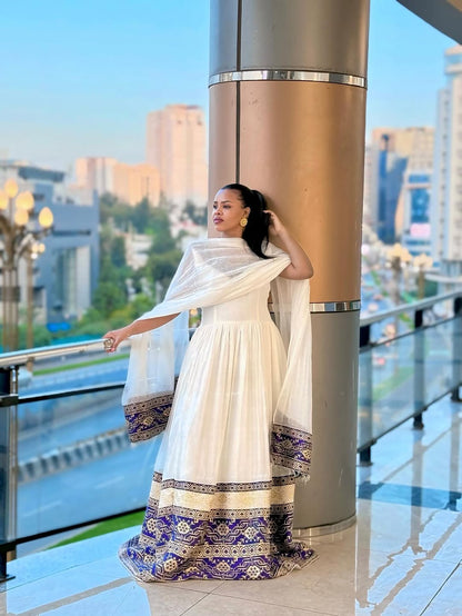 Modern Eritrean Dress: Deep Purple Cotton with Bold Embroidery borders