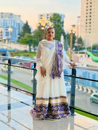 Modern Eritrean Dress: Deep Purple Cotton with Bold Embroidery borders