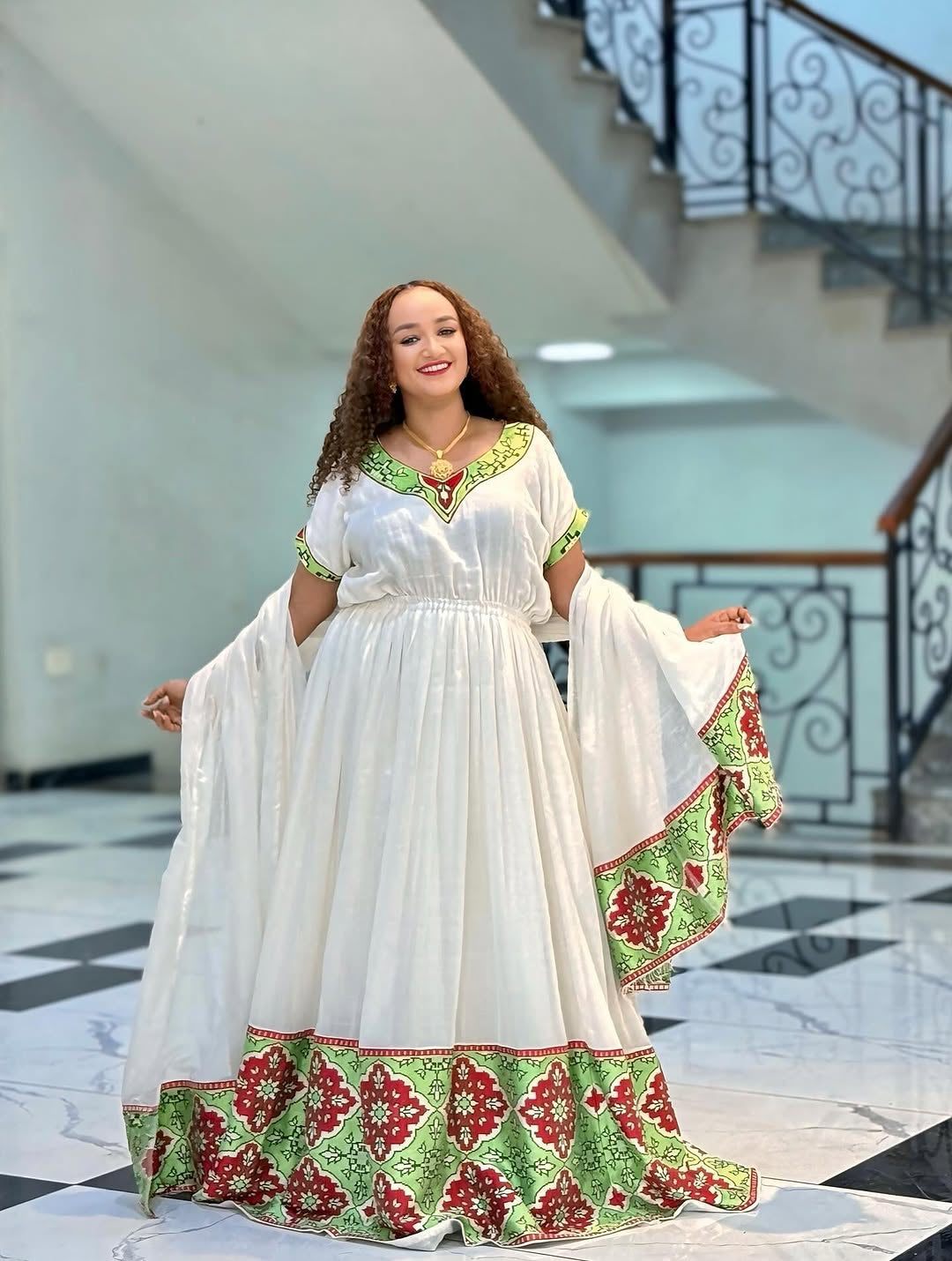 Habesha Libs – Mint Green and Red Meskel Celebration Dress