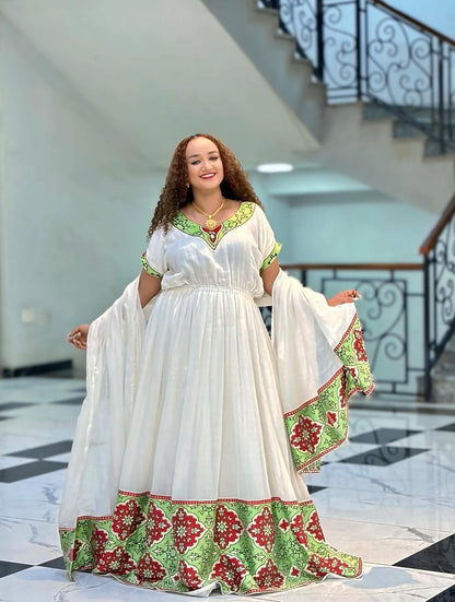 Habesha Libs – Mint Green and Red Meskel Celebration Dress