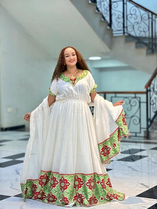 Habesha Libs – Mint Green and Red Meskel Celebration Dress