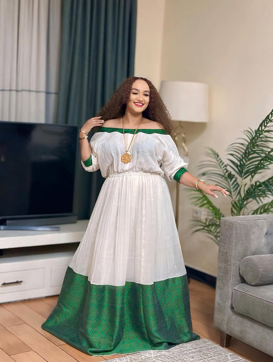 Green Ethiopian Habesha kemis | Stylish Traditional Outfit for Women