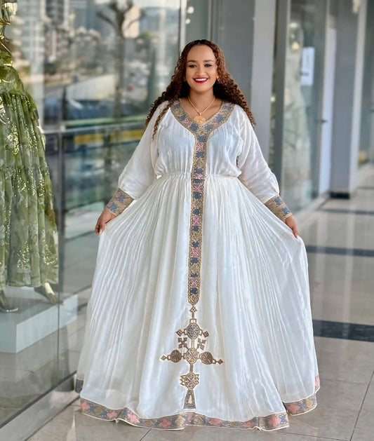 Elegant Habesha Libs | Handwoven Cotton with Intricate Pink Embroidery