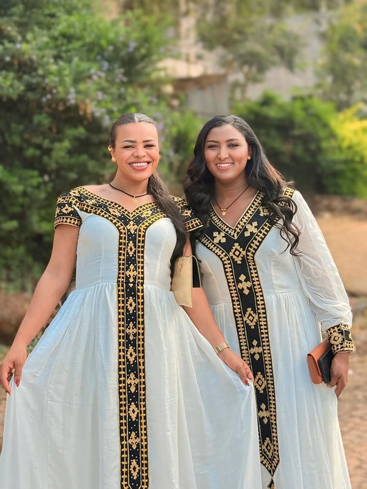 White and Gold Habesha Dress – Handcrafted Ethiopian Outfit for Weddings & Church