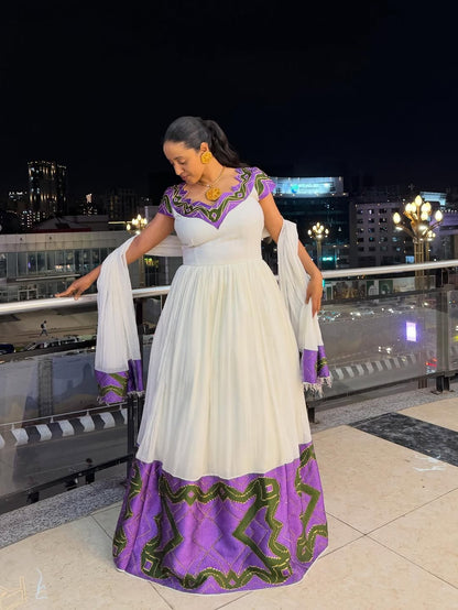 Royal Purple Habesha Dress – Hand-Embroidered Traditional Ethiopian Outfit for Weddings and Special Events