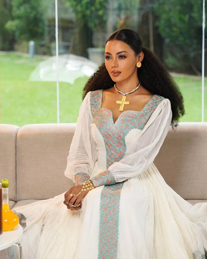 Gold & White Habesha Kemis – Handwoven Ethiopian Graduation Dress