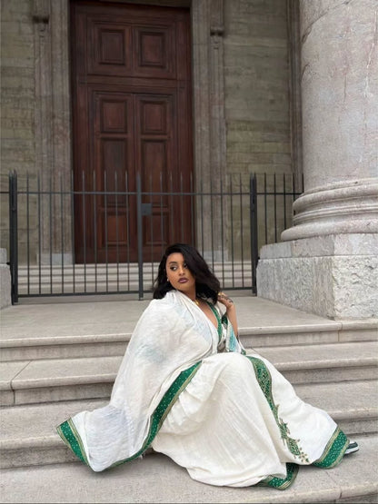 Green Ethiopian Traditional Dress – Elegant Habesha Kemis for Weddings & Cultural Celebrations