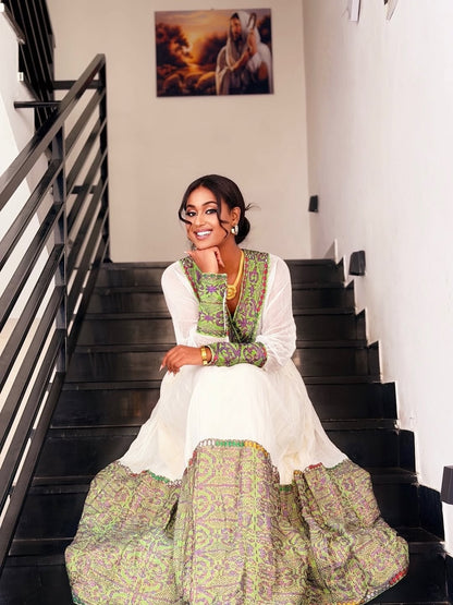 Green Habesha Zuria – Classic Ethiopian Outfit for Cultural Gatherings and Everyday Traditional Wear