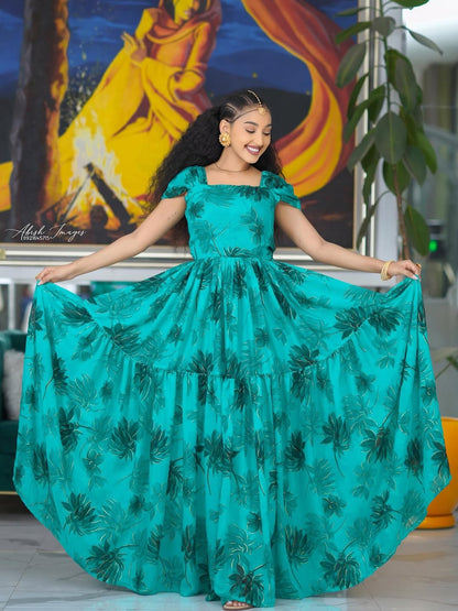 Green Habesha Chiffon – Flowing Ethiopian Chiffon Dress with Elegant Lightweight Design for Weddings, Parties, and Cultural Celebrations