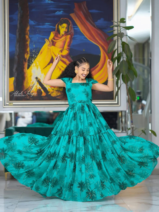 Green Habesha Chiffon – Flowing Ethiopian Chiffon Dress with Elegant Lightweight Design for Weddings, Parties, and Cultural Celebrations