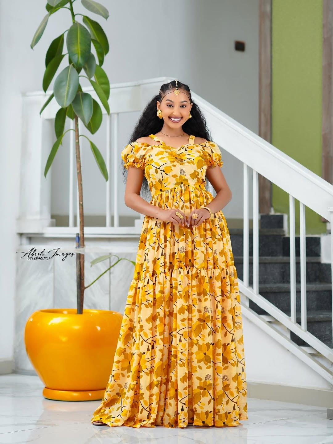 Yellow Habesha Chiffon – Elegant Flowing Ethiopian Chiffon Dress for W