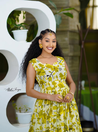 Yellow Chiffon Habesha – Soft Flowing Ethiopian Dress with Light Silhouette for Weddings and Summer Celebrations