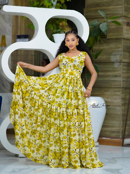 Yellow Chiffon Habesha – Soft Flowing Ethiopian Dress with Light Silho