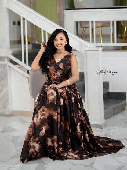elegant brown dress Flowing Chiffon Habesha – Ethiopian Zuria for Wedd – Habesha Dress Store sale: Afterpay Day Aug 2026 FULL PRICE The flowing skirt and Gubotare Mother of the Girls Size:4T