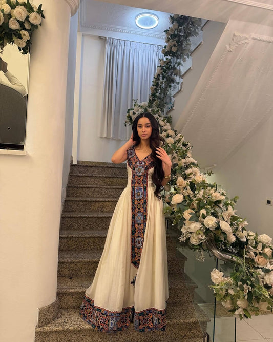 Gold Ethiopian Dress Cotton Tibeb Embroidery for Graduation