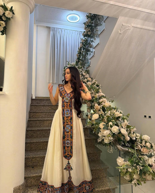 Gold Ethiopian Dress Cotton Tibeb Embroidery for Graduation