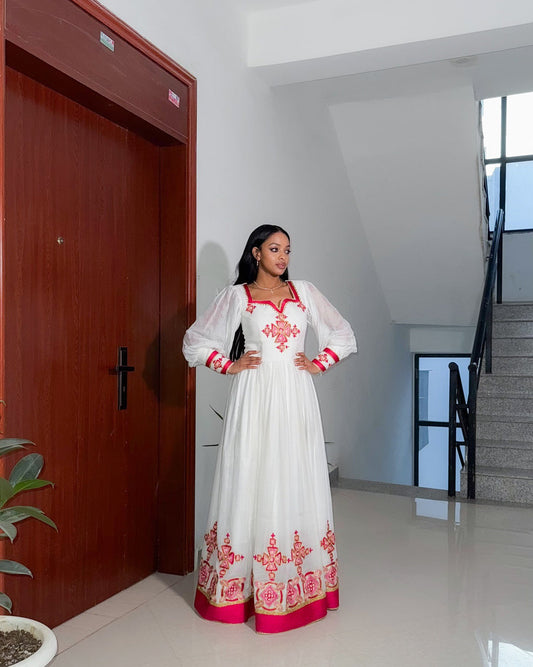 Red Habesha Kemis – Refined Handwoven Dress with Tilf Embroidery for Sunday Church Service