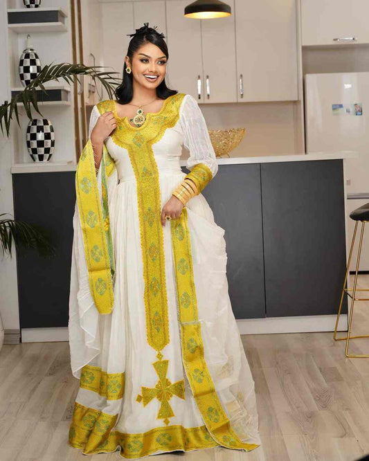 Ethiopian vibrant Dress for Weddings – modern Habesha Attire in White & Gold