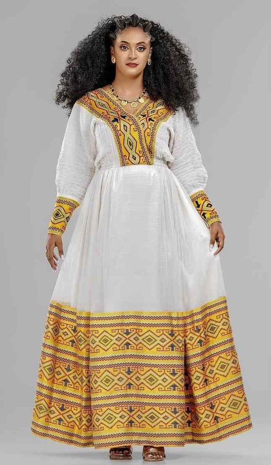 Ethiopian Cultural Dress with Artistic Hem Patterns- Modern Zuria with Gold Borders