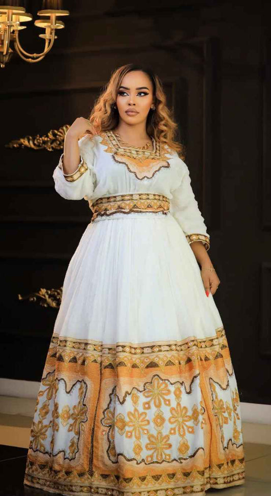 Beautiful Modern Habesha Dress for Women - Stylish White Zuria with Gold Trim