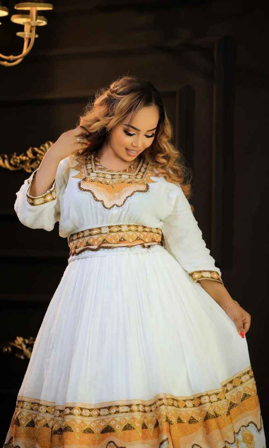 Beautiful Modern Habesha Dress for Women - Stylish White Zuria with Gold Trim