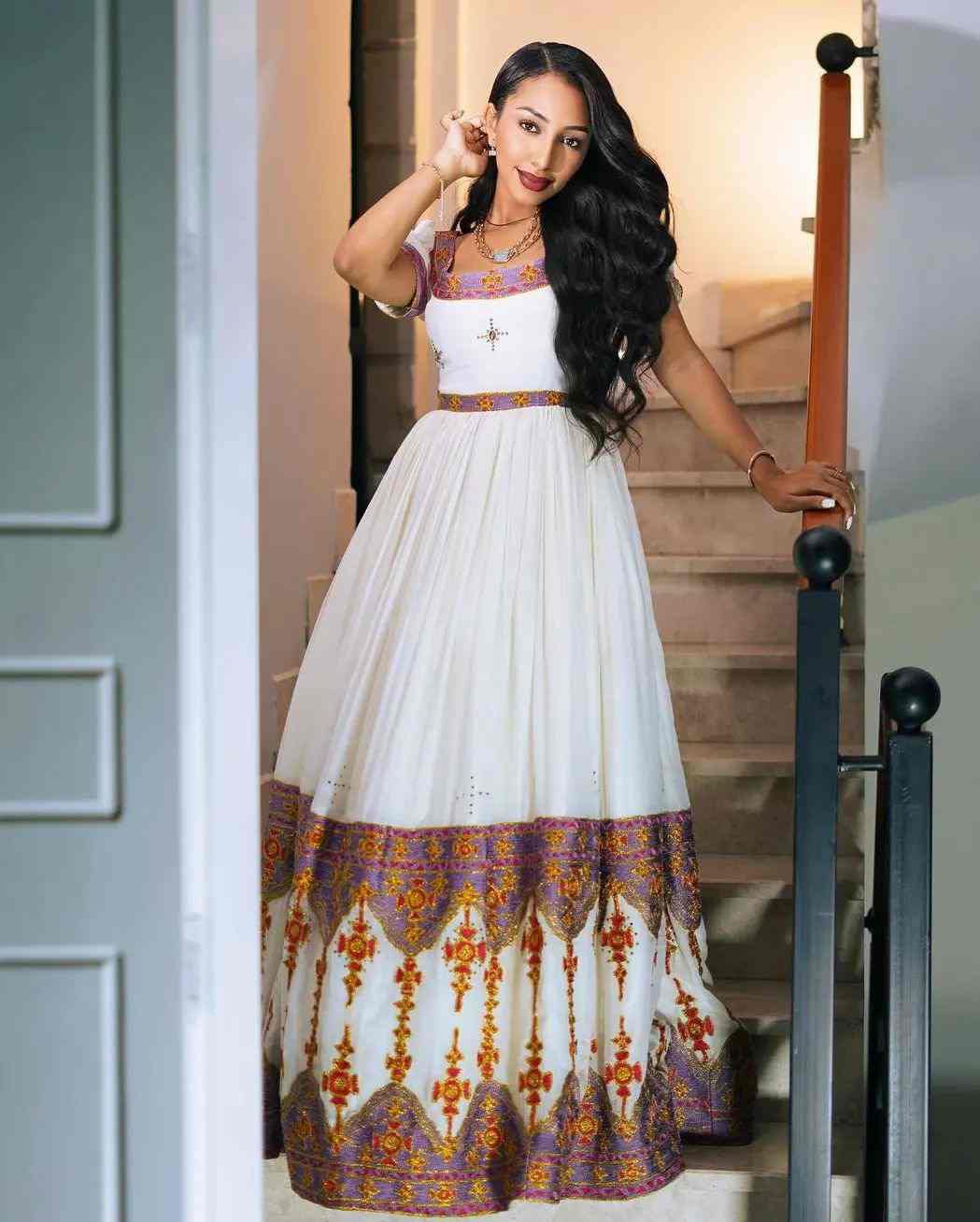 Royal Purple & Gold Traditional Ethiopian Habesha Kemis Dress - Handmade White Zuria with Colored Borders Bezawit