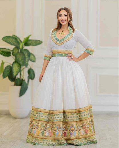 Artistic Gold & Green Ethiopian Habesha Dress - Modern Zuria, Cultural Habesha Kemis for Weddings Bezawit