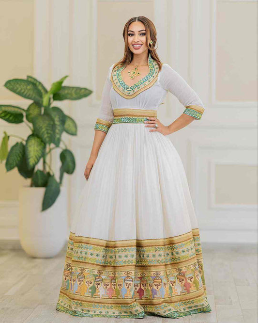 Artistic Gold & Green Ethiopian Habesha Dress - Modern Zuria, Cultural Habesha Kemis for Weddings