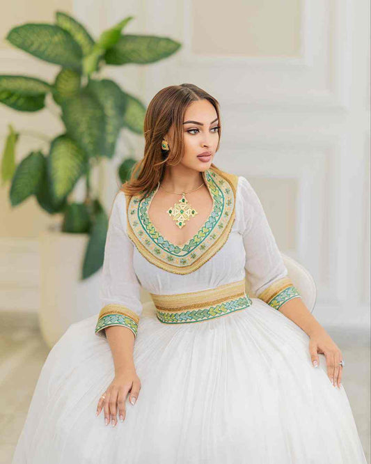 Artistic Gold & Green Ethiopian Habesha Dress - Modern Zuria, Cultural Habesha Kemis for Weddings Bezawit